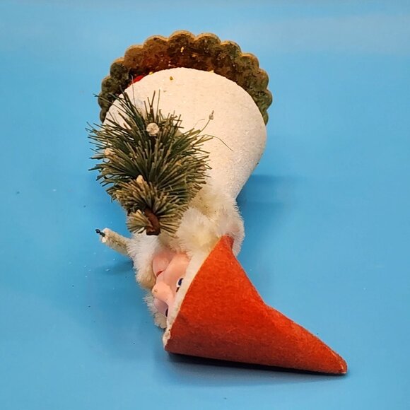 1950s Putz Elf Ornament Bottle Brush Tree Red Flocked Hat Spun Cotton Celluloid - Picture 7 of 8